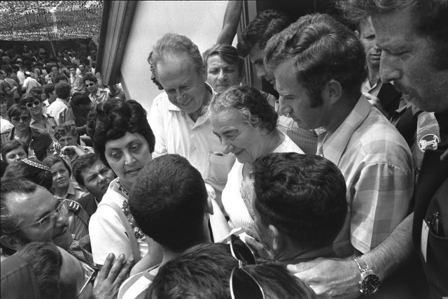  Former PM Golda Meir and her replacement, Yithak Rabin visit repatriated Israeli POWs at Lod Airport, June 6, 1974 (credit: Moshe Milner/GPO)