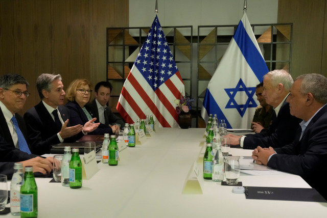  U.S. Secretary of State Antony Blinken meets with former Israel Defense Forces (IDF) chief Gadi Eisenkot and former Israeli Defense Minister Benny Gantz in Tel Aviv, Israel, Thursday, Feb. 8, 2024.  (credit: Mark Schiefelbein/Reuters)