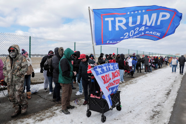  Supporters attend a campaign rally for former U.S. President Donald Trump in Waterford Township, Michigan, US, February 17, 2024. (credit: REUTERS/REBECCA COOK)