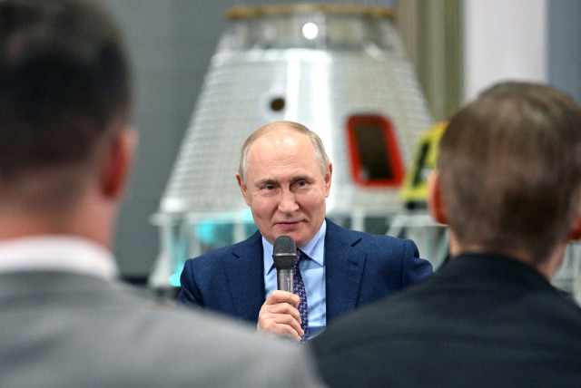  Russia's President Vladimir Putin meets with young scientists as he visits the centre of the Rocket and Space Corporation ''Energia'' in Korolyov outside Moscow, Russia, October 26, 2023. (credit: Sputnik/Grigory Sysoev/Pool via REUTERS)