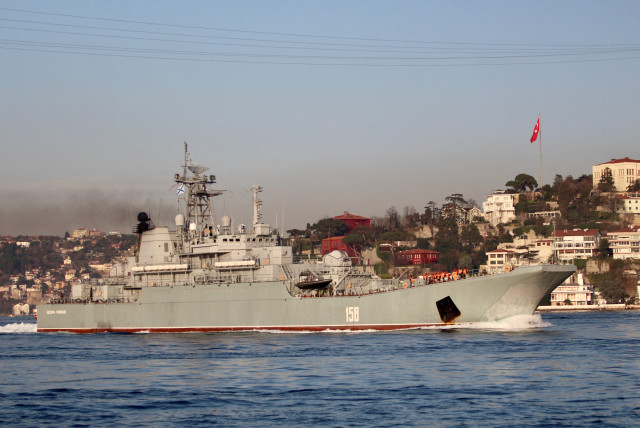  The Russian Navy's large landing ship Caesar Kunikov sets sail in the Bosphorus, on its way to the Mediterranean Sea, in Istanbul, Turkey, March 4, 2020. (credit: YORUK ISIK/ REUTERS)