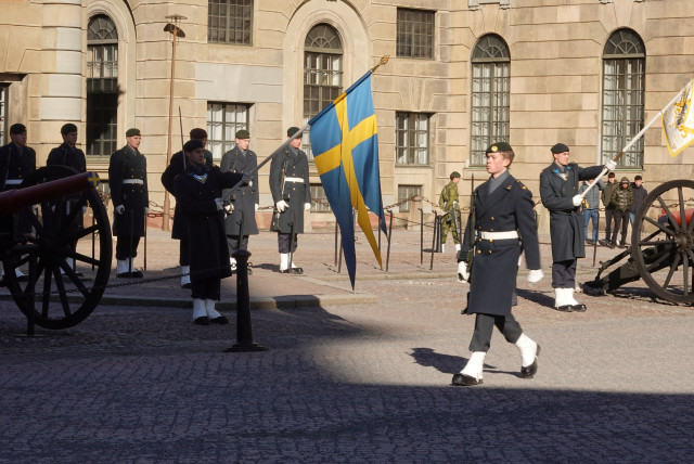  Swedish soldiers take part in the changing of the guard ceremony at the Royal Palace in Stockholm, Sweden, March 7, 2024 (credit: TOM LITTLE/REUTERS)