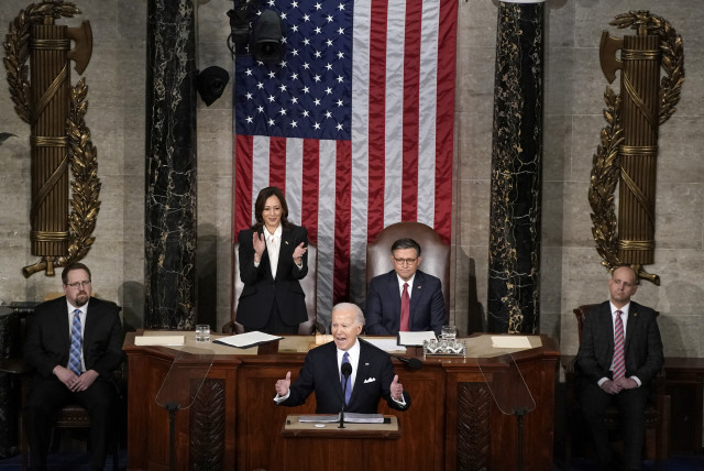 US President Joe Biden delivers the State of the Union address to a joint session of Congress in the House Chamber of the US Capitol in Washington, US, March 7, 2024. (credit: REUTERS/ELIZABETH FRANTZ)