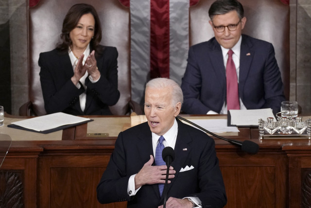  U.S. President Joe Biden delivers the State of the Union address to a joint session of Congress in the House Chamber of the U.S. Capitol in Washington, U.S., March 7, 2024. (credit: REUTERS)