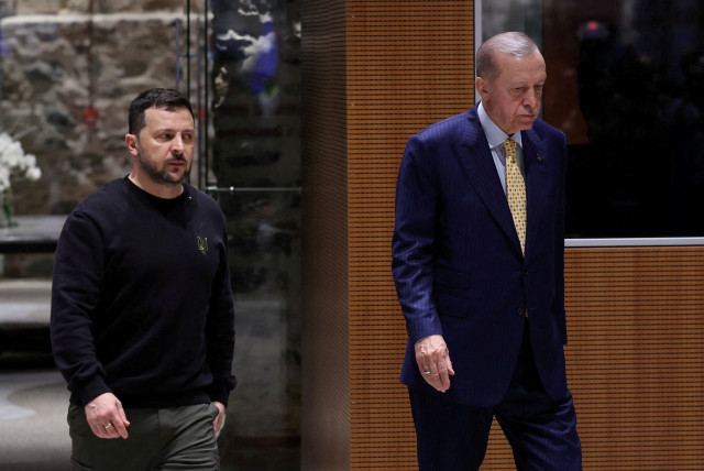 Turkey's President Tayyip Erdogan and his Ukrainian counterpart Volodymyr Zelensky arrive at a press conference following their meeting in Istanbul, Turkey, March 8 , 2024. (credit: UMIT BEKTAS/REUTERS)