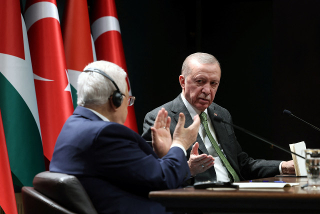  Turkey's President Tayyip Erdogan attends a news conference with Palestinian President Mahmoud Abbas in Ankara, Turkey, March 5, 2024. (credit: MURAT CETINMUHURDAR/REUTERS)