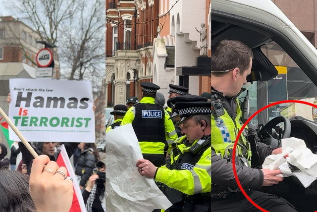 An anti-Hamas sign held by Iranian activist Niyak Ghorbani, and later crumpled by London police, March 10, 2024  (credit: Courtesy)
