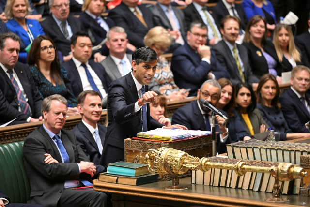  British Prime Minister Rishi Sunak speaks during Prime Minister's Questions, at the House of Commons in London, Britain, March 6, 2024. (credit: UK Parliament/REUTERS)