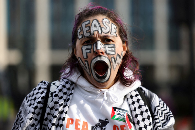  A woman with her face painted poses for a photo during a pro-Palestinian protest, amid the ongoing conflict between Israel and the Palestinian Islamist group Hamas, in London, Britain March 9, 2024. (credit: REUTERS/HOLLIE ADAMS)
