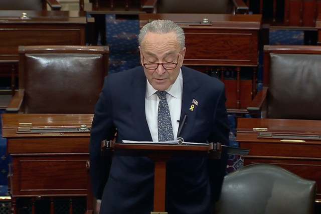 US Senate Majority Leader Chuck Schumer speaks about the Israeli-Palestinian conflict on the Senate floor, March 14, 2024. (credit: PUBLIC DOMAIN)