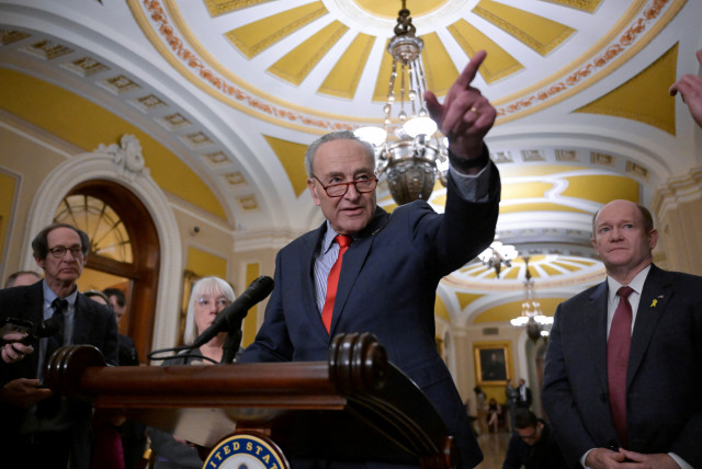 U.S. Senate Majority Leader Chuck Schumer (D-NY) speaks during a press conference following the weekly Senate caucus luncheons on Capitol Hill in Washington, U.S., March 12, 2024.  (credit: REUTERS/Craig Hudson)