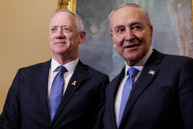 U.S. Senate Majority Leader Chuck Schumer (D-NY) meets with Israeli War Cabinet member Benny Gantz at the U.S. Capitol in Washington, U.S., March 5, 2024.  (credit: REUTERS/Anna Rose Layden)