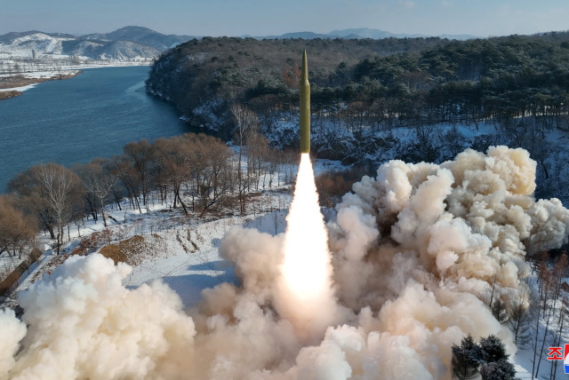  Ballistic missile, said to be solid-fuel and hypersonic, launches during a test at an unspecified location in North Korea in this picture released by the Korean Central News Agency on January 14, 2024 (credit: KCNA/REUTERS)
