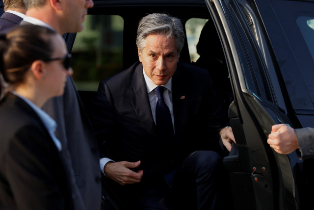 US Secretary of State Antony Blinken steps out of a car as he departs Jeddah for Cairo, Egypt, in Jeddah, Saudi Arabia March 21, 2024. (credit: REUTERS/EVELYN HOCKSTEIN)