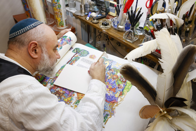  Avraham Borshevsky paints the intricate illustrations that accompany a master-level Scroll of Esther. (credit: Courtesy Avraham Borshevsky)