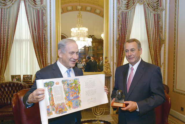  Prime Minister Benjamin Netanyahu presents then-US speaker of the house John Boehner with Avraham Borshevsky’s Scroll of Esther.  (credit: Courtesy Avraham Borshevsky)