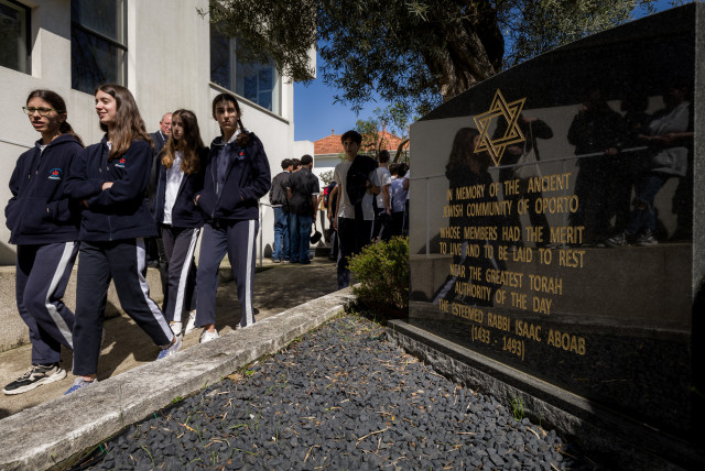  Portuguese teenagers walking at Porto's Jewish Museum next to a memorial of the ancient Jewish community of Porto, March 20, 2024.  (credit: Bizarro/CIP)