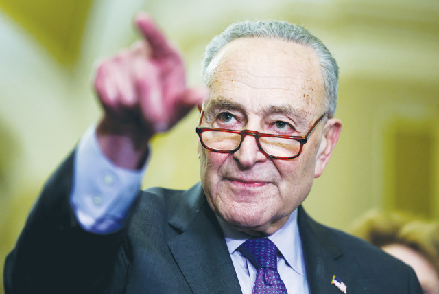 US SENATE Majority Leader Chuck Schumer (D-NY) speaks during a news conference on Capitol Hill, last week. (credit: Amanda Andrade-Rhoades/Reuters)