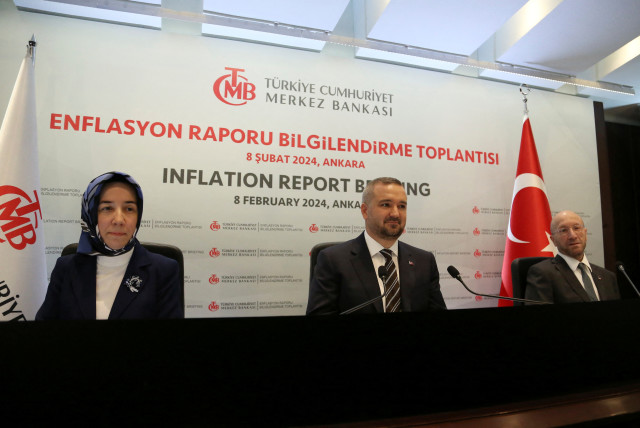  Turkish Central Bank Governor Fatih Karahan, accompanied by his deputies Hatice Karahan and Cevdet Akcay, attends a press conference in Ankara, Turkey February 8, 2024. (credit: REUTERS/CAGLA GURDOGAN)