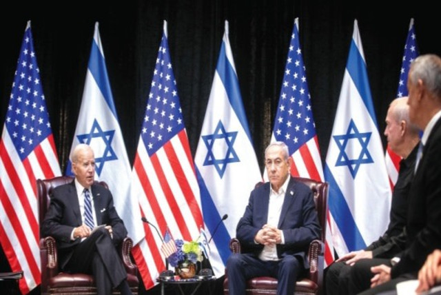  Joe Biden and Benjamin Netanyahu in the War Cabinet meeting in Kirya in October last year. (credit: MIRIAM ALSTER/FLASH90)