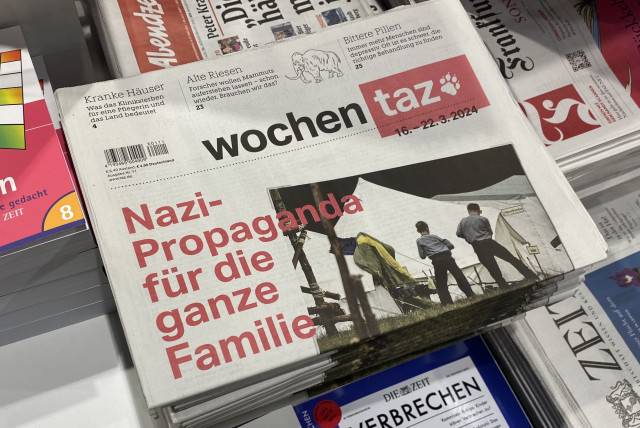  Germany's Wochen Taz newspaper for the week of March 16-22, 2024. The headline story reads “Nazi Propaganda for the Whole Family,” March 17, 2024. (credit: Aaron Poris/The Media Line)