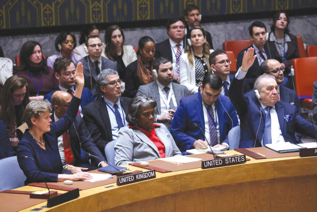  US Ambassador to the United Nations Linda Thomas-Greenfield is flanked by the Algerian and UK representatives who voted on Monday in favor of a Security Council resolution demanding an immediate Gaza ceasefire and the immediate and unconditional release of all hostages. The US abstained. (credit: Andrew Kelly/Reuters)