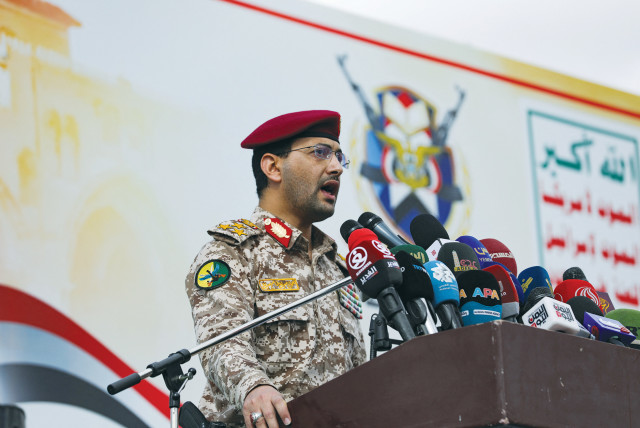  HOUTHI MILITARY spokesman Yahya Sarea delivers a statement in Sanaa, Yemen, earlier this month, saying that the group had launched a missile attack on a ship in the Red Sea.  (credit: KHALED ABDULLAH/REUTERS)