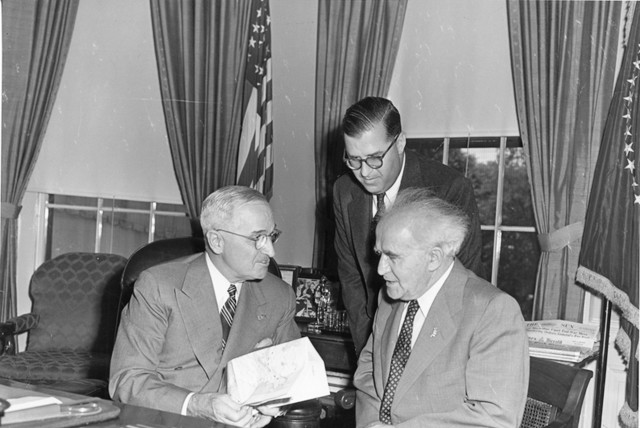  THEN-PRIME minister David Ben-Gurion speaks with then-US president Harry S. Truman during a gift ceremony in the Oval Office, as then-ambassador to the US Abba Eban stands between them, in 1951.  (credit: COURTESY HARRY S. TRUMAN LIBRARY & MUSEUM)