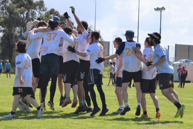  Jerusalem Syndrome team members celebrate their come-from-behind win against the league’s top team at the Orde Wingate Institute for Physical Education and Sports in Netanya on Friday, March 8. (credit:  Nadav Ben-David)
