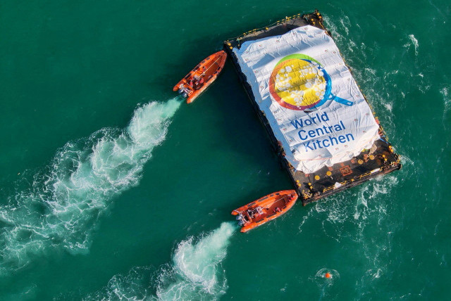  World Central Kitchen (WCK) barge loaded with food arrives off the Gaza coast, where there is risk of famine after five months of Israel's military campaign, in this handout image released March 15, 2024. (credit:  ISRAEL DEFENSE FORCES/HANDOUT VIA REUTERS)
