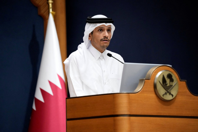  Qatar's Prime Minister and Foreign Minister Mohammed bin Abdulrahman Al Thani makes statements to the media with U.S. Secretary of State Antony Blinken, in Doha, Qatar, October 13, 2023. (credit: Jacquelyn Martin/Reuters)