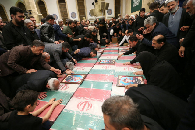  Families of members of the Islamic Revolutionary Guard Corps who were killed in the airstrike on the Iranian embassy complex in the Syrian capital Damascus, attend a funeral ceremony in Tehran, Iran April 4, 2024. (credit: Office of the Iranian Supreme Leader/WANA (West Asia News Agency)/Handout via REUTERS)