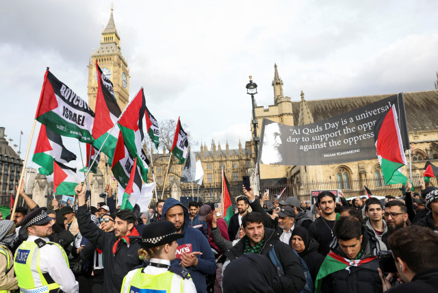  People attend the annual al-Quds Day (Jerusalem Day) rally in support of the Palestinian people, in London, Britain, April 5, 2024. (credit: REUTERS/Belinda Jiao)
