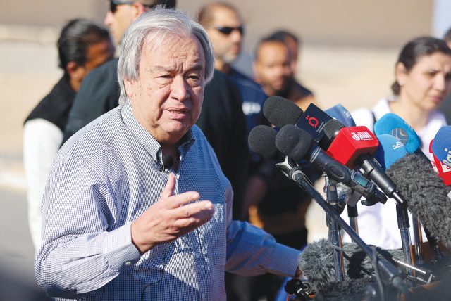  UN SECRETARY-GENERAL Antonio Guterres speaks to the media after visiting the Rafah border crossing between Egypt and the Gaza Strip, last month. (credit: MOHAMED ABD EL GHANY/REUTERS)