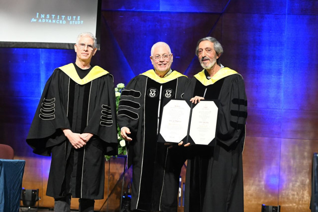  From left to right: The Dean of the Graduate School, Prof. Uri Peskin, the President of the Technion, Prof. Uri Sivan, and Prof. Avi Wigderson. (credit: Rami Shelush, Technion spokesperson’s office)