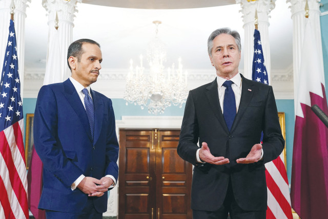  US SECRETARY of State Antony Blinken meets with Qatar’s Prime Minister and Foreign Minister Sheikh Mohammed bin Abdulrahman Al Thani in Washington, last month. If Qatar wanted to pressure Hamas, it could have threatened to cut off funding, says the writer.  (credit: KEVIN LAMARQUE/REUTERS)
