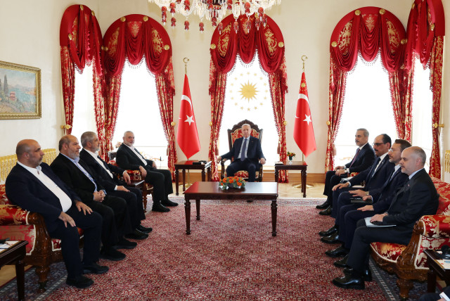  Turkey's President Tayyip Erdogan meets with Ismail Haniyeh, leader of the Palestinian Islamist group Hamas, in Istanbul, Turkey, April 20, 2024. (credit: Murat Cetinmuhurdar/Turkish Presidential Press Office/Handout via REUTERS)