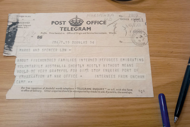  A telegram sent to Marks & Spencer, acknowledging its role in rescuing Jews from Europe. (credit: SHMUEL BECKER)