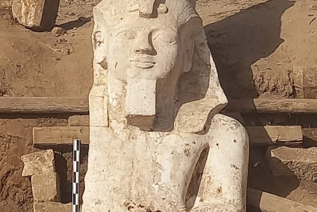 A section of a limestone statue of Ramses II unearthed by an Egyptian-U.S. archaeological mission in El Ashmunein, south of the Egyptian city of Minya, Egypt in this handout image released on March 4, 2024. (credit: The Egyptian Ministry of Antiquities/Handout)