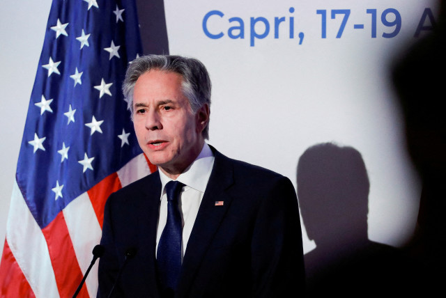  US Secretary of State Antony Blinken holds a press conference at the end of the G7 foreign ministers meeting on Capri island, Italy, April 19, 2024.  (credit: REUTERS/CIRO DE LUCA)