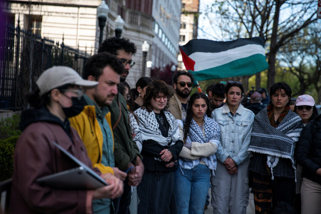  Students whom were detained by NYPD and suspended by Columbia University for participating in a demonstration, take part in a press conference, as the Protest encampment continues in support of Palestinians, amid ongoing conflict between Israel and the Palestinian Islamist group Hamas, in New York  (credit: REUTERS/EDUARDO MUNOZ)