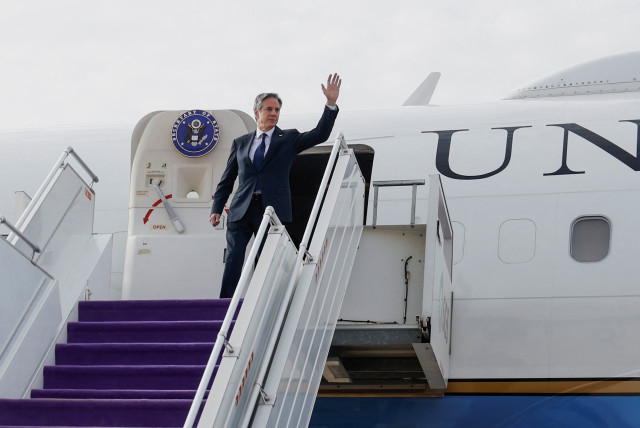  US Secretary of State Antony Blinken gestures while he deboards an airplane as he visits Saudi Arabia in the latest Gaza diplomacy push, in Riyadh, Saudi Arabia April 29, 2024. (credit: REUTERS/EVELYN HOCKSTEIN)