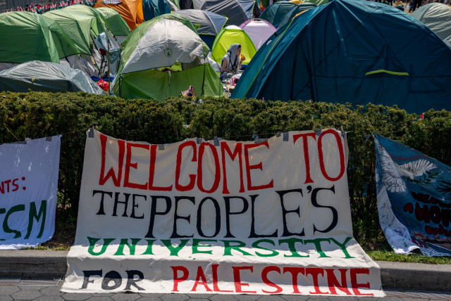  Students take part in a protest encampment in support of Palestinians at the Columbia University campus, during the ongoing conflict between Israel and the Palestinian Islamist group Hamas, in New York City, US, April 28, 2024. (credit: REUTERS/David Dee Delgado)