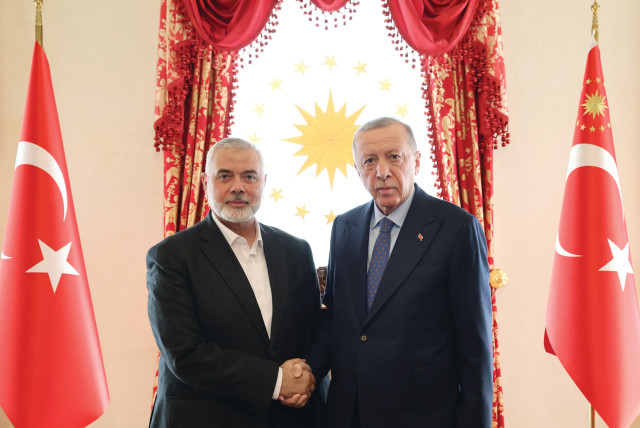  TURKEY’S PRESIDENT Recep Tayyip Erdogan meets with Hamas leader Ismail Haniyeh, in Istanbul, earlier this month. Reports in the media suggested that this meeting was the result of a breakdown in relations between Hamas and Qatar. (credit: Turkish Presidential Press Office/Reuters)