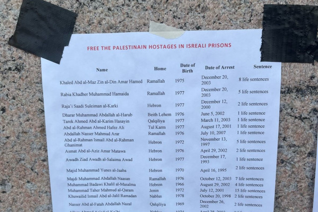  A list of Palestinian security prisoners released in exchange for the Israeli soldier Gilad Shalit in 2011, mis-labeled as ''Palestinian (sic) hostages in Israeli (sic) prisons.'' New York, USA. April 29, 2024. (credit: LEON KRAIEM)