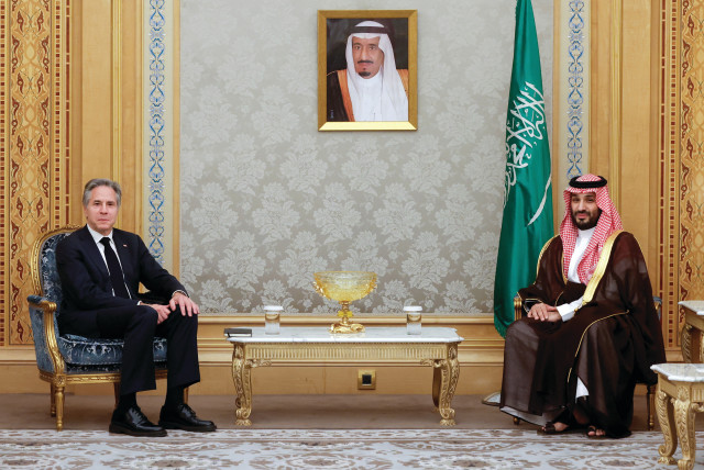  US SECRETARY of State Antony Blinken meets with Saudi Crown Prince and Prime Minister Mohammed bin Salman in Riyadh, on Monday. (credit: EVELYN HOCKSTEIN/REUTERS)