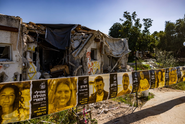  destroyed houses from the October 7 massacre six months ago, in Kibbutz Kfar Aza, southern Israel, April 7, 2024 (credit: Chaim Goldberg/Flash90)