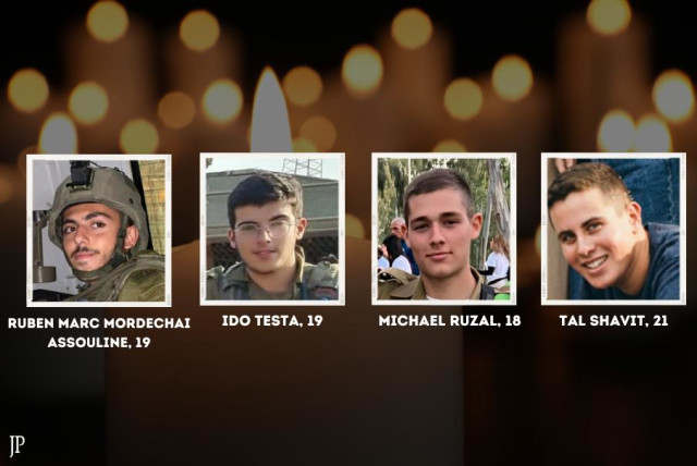 (De izquierda a derecha) Los soldados de las FDI Ruben Marc Mordechai Assouline, Ido Testa, Michael Ruzal y Tal Shavit, que murieron en el ataque con cohetes de Hamás contra la zona de Kerem Shalom. May 5, 2024 (credit: IDF SPOKESPERSON'S UNIT)