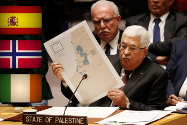 Banderas de España, Noruega e Irlanda vistas mientras Mahmoud Abbas habla en las Naciones Unidas (ilustrativo) (crédito: REUTERS, WIKIPEDIA COMMONS)