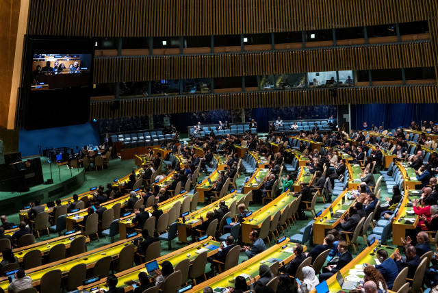  Delegates react to the voting results during the United Nations General Assembly vote on a draft resolution that would recognize the Palestinians as qualified to become a full U.N. member, in New York City, U.S. May 10, 2024. (credit:  REUTERS/Eduardo Munoz/File Photo)
